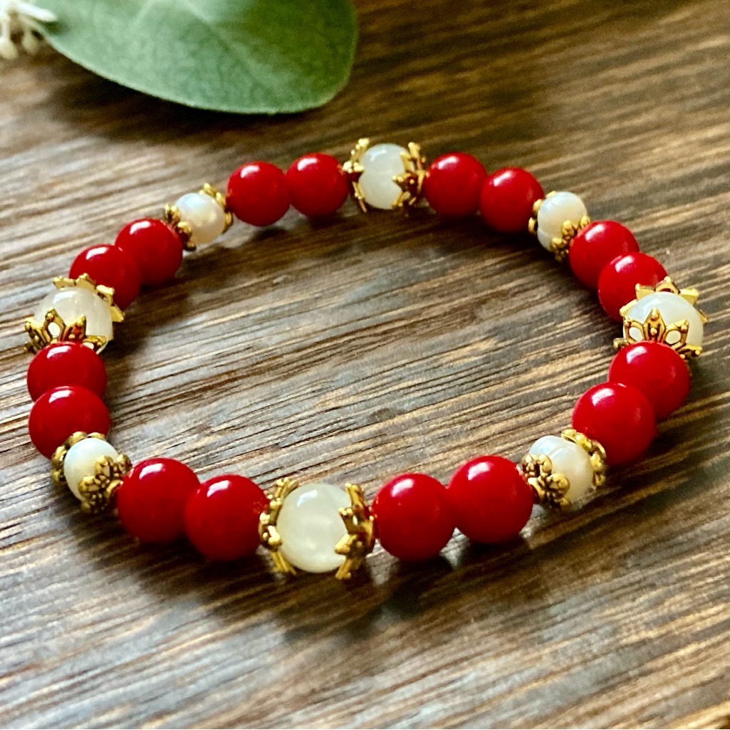 Protection + Abundance Crystal Bead Bracelet Red Coral Baroque Pearl Moonstone